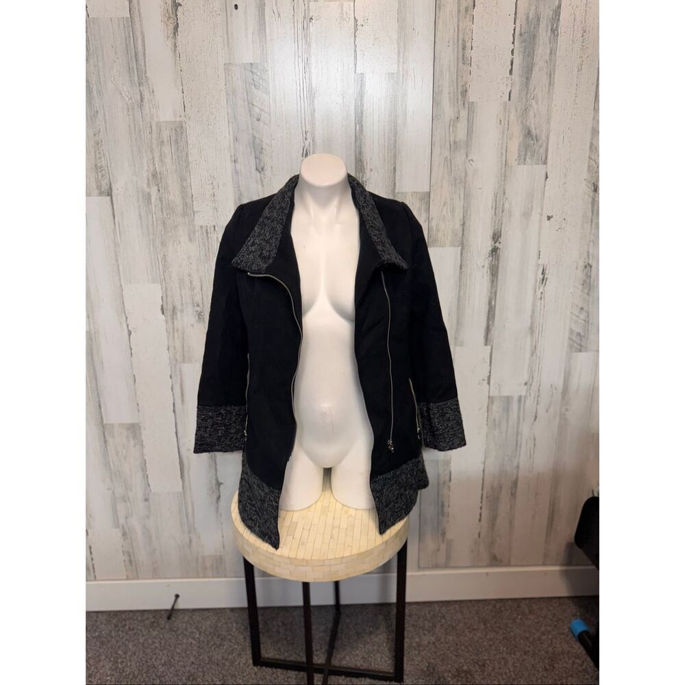 Rothschild Black Asymmetrical Zip Jacket Gray Knit Trim Lightweight Coat Size 14